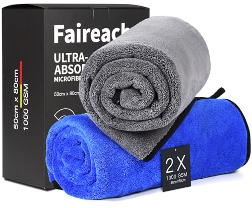 Faireach 80x50 CM XL Chiffons en Microfibre Voiture Lot de 2, Chiffon de Séchage pour Voiture 1000GSM Chiffons de Polissage pour Auto Motocyclette l'entretien Ultra Absorbant Serviettes Microfibre