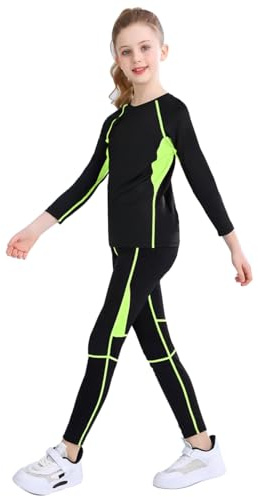 linboo Mädchen Sportanzug 2tlg Yoga Anzug mit Langen Ärmeln und Hosen, Elastisch, Outdoor eng anliegende Tanz- und Fitnessbekleidung für Kinder, Grün, Herstellergröße：140 Geeignete 140