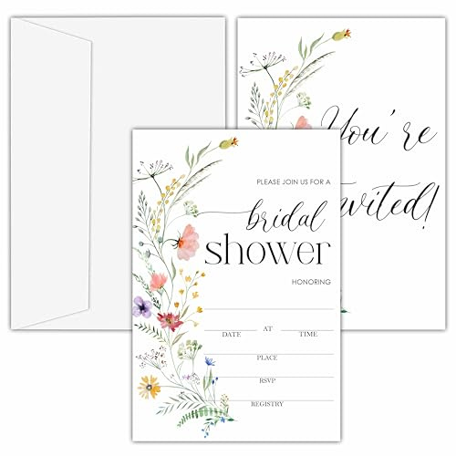 OXRUN Bridal Shower Invitations, 25 Colorful Wildflowers Invites with Envelopes for Bridal Shower Reception Engagement Party, Floral Wedding Cards - B05