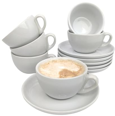 MUVELL 6x Cappuccinotassen | Weiß - Grün | Italian Style | dickwandig & schwer | spülmaschinenfest | Cappuccino 6er Set mit Untertassen - Geschenkset