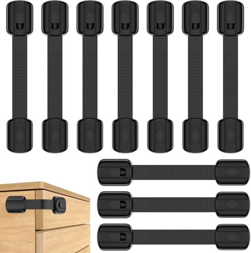 Septeamay 10 Pezzi Sicurezza Cassetti Bambini, Bambini Chiusure Sicurezza per Armadietto,Cassetto,Armadio,Frigorifero, Blocca Cassetti per bambini con Potente Adesivo Nessun Trapano Necessarioc Nero