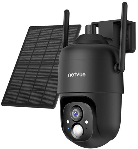 NETVUE Caméra Surveillance à Batterie avec Panneau Solaire, Camera IP WiFi sans Fil Rechargeable, Caméras 360 1080P avec Projecteur, Vision Nocturne, PIR Détection Mouvement, IP65 Étanche (Noir)