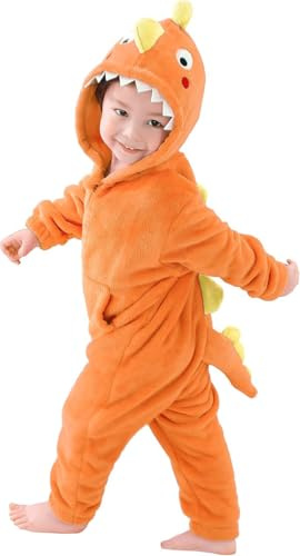 LOLANTA Unisex Kids Dinosaur Costume, One-Piece Hooded Flannel Animal Outfit Fancy Dress Romper