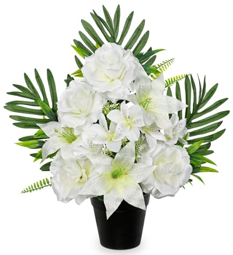 Oairse Artificial Cemetery Flowers in Pot Funeral Flowers Arrangements 48cm Silk White Potted Lily Peony Memorial Flower for Grave Cemetery Headstones Outdoor Christmas Decoration