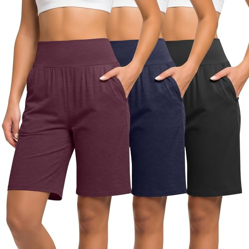 Neer 3 Pack Women's Bermuda Shorts | High Waist Knee Length Shorts, Basic, Stretch, Wide Leg, Casual, Athletic, with Pockets, Loose, Knit, Summer