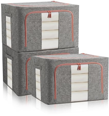 FUSACONY 3 contenitori porta abiti, organizer per armadio, contenitore pieghevole per guardaroba con telaio in metallo, borsa per vestiti, copriletti, coperte, biancheria da letto, colore grigio (66L)