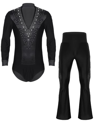 Moggemol Men's Latin Tango Dance Outfits Rhinestones Leotard with Flared Pants Figure Skating Costume Black XL