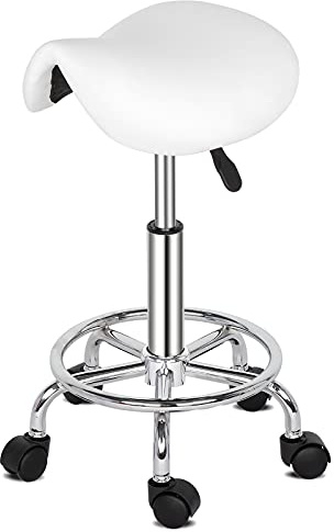 Bonnlo Ergonómico Taburete con Ruedas de Montar, Taburete Regulable Altura 51-65 cm, Taburete Giratorio con Ruedas 360° para Salones de Belleza, Spas y Oficinas Blanco (Blanco)