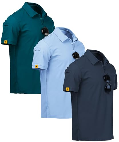 ZITY Lot de 3 Polos Hommes Manches Courtes Séchage Rapide Respirant Tshirt Hommes Polo d'été Casual Sport Shirt Regular Fit Polos de Golf(XL Bleu Foncé Porte Bleu Lune)