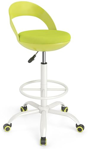 COSTWAY Rolling Drafting Chair, Height Adjustable Swivel Office Desk Chair with Low Backrest & Footrest, Ergonomic Padded Stool for Home Office Studio, Green