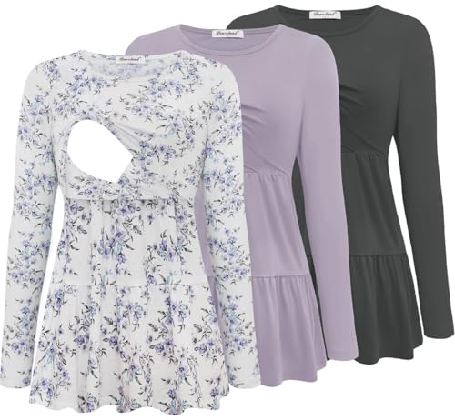 Bearsland Set di 3 magliette da donna per l'allattamento, a maniche lunghe, con scollo a barchetta, S