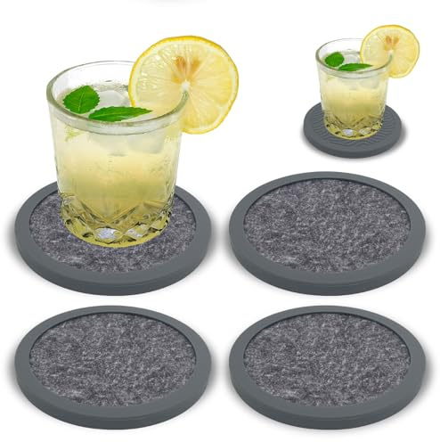 Non-Slip Silicone Coaster, Double-Sided Absorbent Cup Mats for Hot & Cold Drinks, Scratch & Water Ring Protection for Wood Tables, Home Office Bar Use (4PC grey)