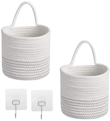2 cesti sospesi, da parete, in corda di cotone, 15 x 16 cm, con 2 ganci, da appendere alla parete, cesto per la conservazione intrecciato, per la cucina, il soggiorno, il bagno (bianco/nero)