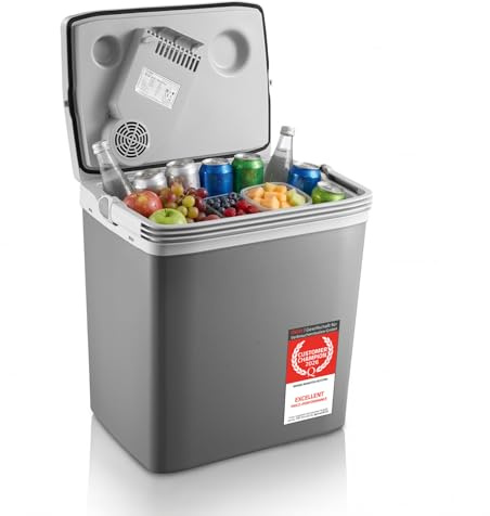 TZS First Austria - Frigo Portatile Elettrico 32L - Tripla Alimentazione con USB-C PD 3.0 - Raffreddamento e Riscaldamento - 12V/230V/USB-C - Minibar - Grigio