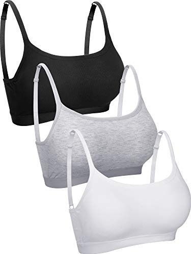 Boao 3 Pieces Mini Camisole Bra Wireless Padded Bra Tank Top Bra Seamless Sports Bra with Straps for Women Girls, Black, White, Grey, M