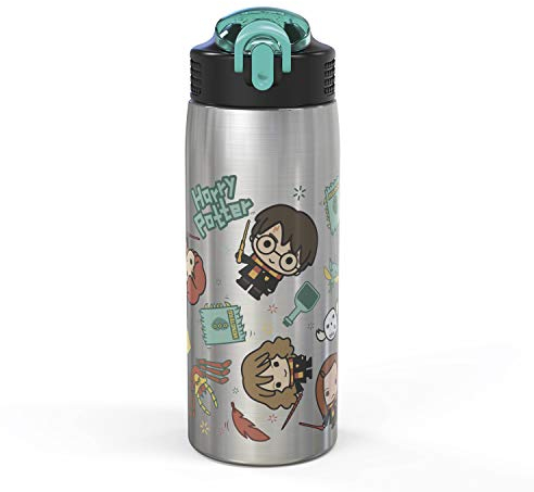 Zak Designs 27oz Harry Potter 18/8 Single Wall Stainless Steel Water Bottle with Flip-up Straw Spout and Locking Spout Cover, Durable Cup for Sports or Travel (27oz, Harry Potter)