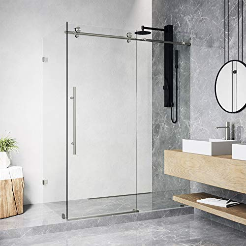 VIGO Elan E-Class 34 in. L x 46 in. W x 76 in. H Frameless Sliding Shower Enclosure in Stainless Steel with Clear Glass-VG6053STCL48