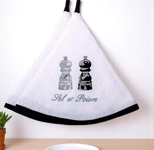 Lot de 2 Torchons Essuie Mains Sel et Poivre - Essuie Mains Cuisine Rond avec Attache - Motifs Brodés - 100% Coton - Ø 65 cm de diamètre - Lavable en Machine (Blanc, Lot de 2)