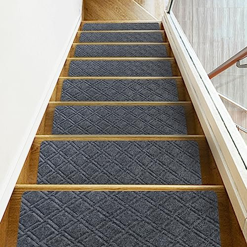 Triceratops 20cmx76cm (14-Pack) Stair Treads Carpet Non-Slip, Indoor Stair Runners for Wooden Steps, with Non Skid Rubber Backing Removable Washable Step Runners Perfect for Pets (Smoky Gray)