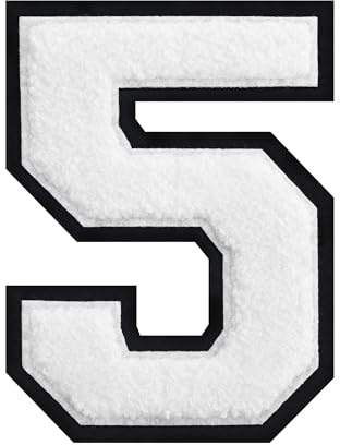 4.5 Iron on Number Patches White Chenille Number Patch Letterman Jacket Patches Large Number Patch for Jersey Jeans Clothing Bag (White-5)