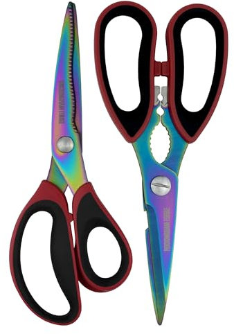 Rockingham Forge 2 Piece Sharp Kitchen and Household Scissor Set, Rust Resistant, Kinked and Curved 9CM Stainless Steel Blades, Nut Cracker and Bottle Opener, Rainbow
