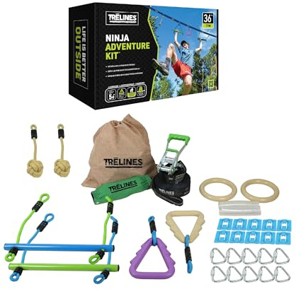 Trelines Ninja Adventure Line 11 m – Slackline-Hindernisparcours für Kinder ab 5 Jahren mit Kletterseilen, Griffknoten und Turnringen, inkl. Aufbewahrungsbeutel