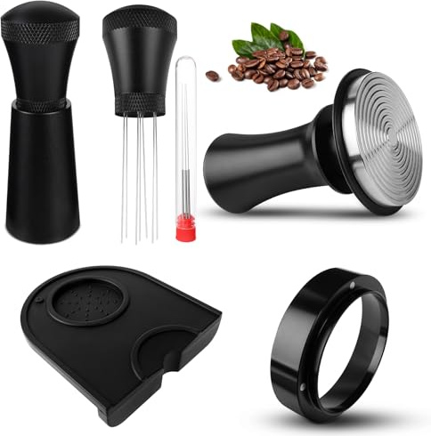 Kaffee Tamper 51mm, Tamper set inkl. WDT Tool, Dosierring 51mm，Tampermatte - Premium Barista Zubehör - Tamper-Base Ripple & Espresso Tamper aus Edelstahl mit Druckregulierender 15lb / 25lb /30lbs