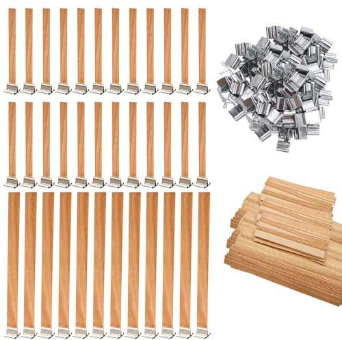 INNAL 100 Pcs Mechas de Madera para Velas con 50 Bases, Mecha de Madero Natura, Mecha de Vela de Madera Cortable, Mechas de Velas de Madera, Sin Humo, para Aromaterapia De Vela De Bricolaje