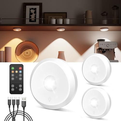 Luz LED Vitrina Recargable USB - 2400mAh Foco LED Bateria Recargable con Mando a Distancia y Iman Luces Armario Tactil Redonda Lámpara Cocina Bajo Mueble Sin Cable Adhesiva Luz Nocturna con Pulsador