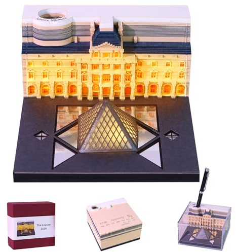 RSLIPIN 3D Calendar 2026,Tear-Off Calendar 2026 Time Piece Calendar 3D Art Memo Pad Paper Sculpture Castle, 3D Desk Calendar 2026 Decorative Gift, The Louvre