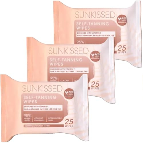 Sunkissed Self-Tanning 25 Wipes, Enriched with Vitamin E, Natural Looking Tan, Biodegradeble Wipes, Dermatologically Tested (Pack of 3)