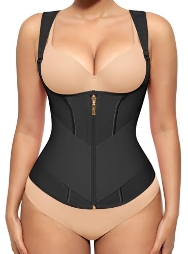 FeelinGirl Waist Trainer Corset for Women Lower Belly Fat Workout Vest with Zipper Hooks Tummy Control Shapewear Black