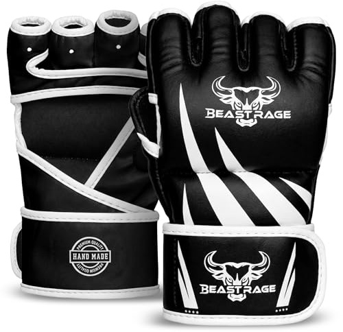 BEAST RAGE-Guanti da MMA realizzati a mano,di alta qualità,durevoli,con palmo aperto,per BJJ,UFC, Sparring e kickboxing,forte supporto per il polso (Nero/Bianco, L/XL)