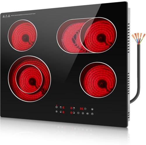 Alemania Placa Vitrocerámica 60 cm 4 Zonas 6700W con Zona Triple y Zona Ovalada, Placa Eléctrica Empotrable con Control Táctil, 9 Niveles de Potencia, Temporizador, Pausa, Mantener Caliente