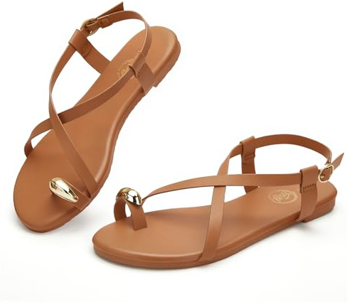 Trary Brown Sandals for Women with Adjustable Buckle, Cross Strap Strappy Flat Sandals Casual Comfortable Toe Loop Summer Shoes, Size 8
