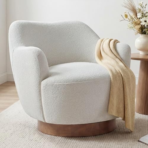 Swivel Accent Chair,Upholstered Barrel Chair with Curves Camel Back Design,Modern Arm Chair with Wooden Base for Living Room Bedroom Reading Waitingroom,White(Multiple Color)