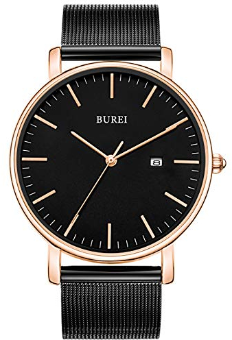 BUREI Ultra Dünne Uhren Herren Schwarze Analoges Datum Armbanduhr Herren mit Japanisches Quarzwerk, Geschenke für Männer
