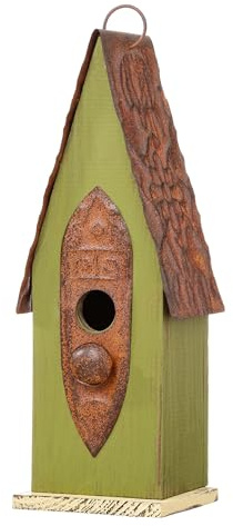 Glitzhome 13.25 Hanging Birdhouse for Outside, Green Distressed Solid Wood - Spring Ready Nesting Box & Christmas Garden Gift Idea