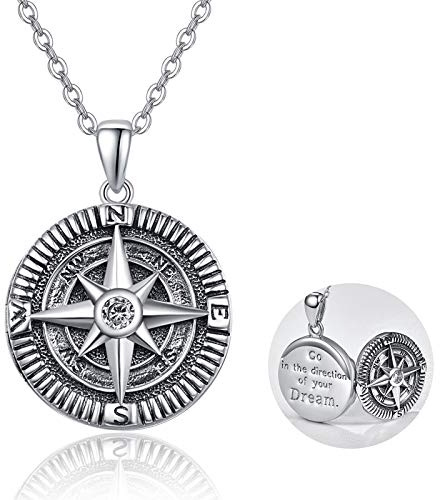 Collar de hombre KINGWHYTE con brújula de plata de ley S925, colgante de brújula, joyería para regalos de cumpleaños y graduación para hombres y mujeres, 20mm, Plata esterlina