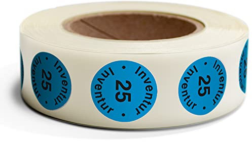 Betriebsausstattung24 Inventuretiketten Inventur 25 auf Rolle 500 Stk. - Durchmesser: 3,0 cm - Farbe: Blau - Form: Rund - Material: Haftpapier - Befestigungsart: Zum Verkleben - Inventuraufkleber
