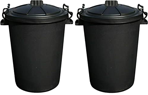 JMS we create smile -(𝐒𝐞𝐭 𝐎𝐟 𝟐 Black 50 Litre Extra Large Heavy Duty Plastic Bin Dustbin, Storage Unit with Locking Lid for Home Garden Rubbish Waste Animal Feed Made in UK