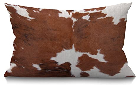 BGBDEIA Funda de cojín de piel de vacuno, diseño de leopardo de animales de granja, tricolor, marrón, algodón, lino, decorativa, rectangular, 12x20 pulgadas, 30x50 cm