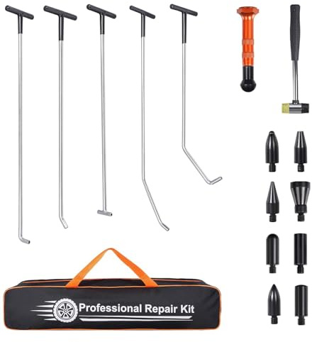 AFGOOD 16PCS Dent Removal Kit, Paintless Dent Repair Rods,Stainless Steel Dent Removal Rods,Dent Removal Hammer,9 Replaceable Taper Head for Car Repair Kit, with Repair Bag