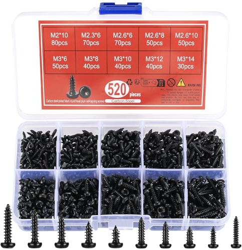 qxayxa Vis Autotaraudeuses, 520 Pièces à Tête Torx, Autoperceuses à Tête Ronde, Autoforeuses, à Bois Noire pour Plastique Bois Métal - M2/M2.3/M2.6/M3