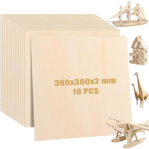 MUXHEL Lot de 18 feuilles de contreplaqué 300 x 300 x 2 mm pour travaux manuels, arts, peinture, décoration d'intérieur, bricolage et gravure