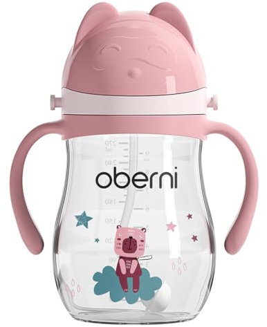 Oberni Trinklernbecher aus Tritan, 270ml Trinkflasche für Kleinkind ab 12 Monaten, Auslaufsicherer Trinklernbecher BPA-frei, Trinkbecher mit Griffe und Gurte tragen, Rosa, 1 Stück