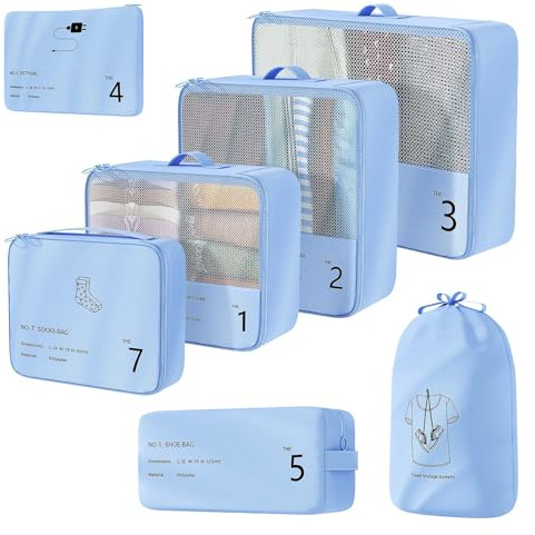 Koffer Organizer Set, 7 Stück Packing Cubes, Packwürfel für Koffer, Packing Cubes Compression als Rucksack Organizer - Travel Packtaschen Reise - Camping Zubehör & Wander Ausrüstung(Blau)