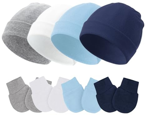 Fecawd Baby Hats and Mittens Newborn Hats Gloves Infant Beanie Soft Cap Mitten Sets for 0-6 Months Boys Girls (Blue,4 Pcs)