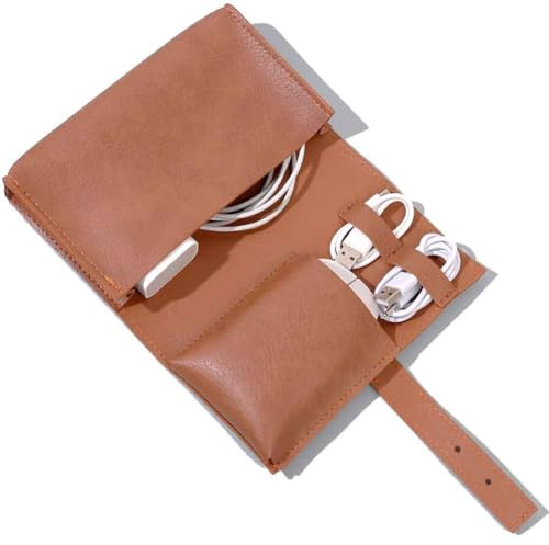 DUWUZEST Vintage Pu leather Electronic organizer travel case,cord organizer travel, Leather charger shortage for essentials mouse, adapter, cables (vintage brown)