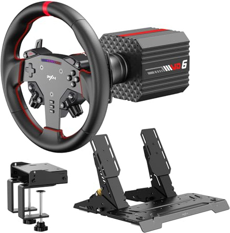 PXN VD6 Bundle: PC Steering Wheel and Pedals – 6 Nm Direct Drive Servo Motor Base, W AS Racing Wheel, Hall Effect 2-Pedal Set, and Table Clamp – Professional Sim Racing Setup for Windows PC (7–11)